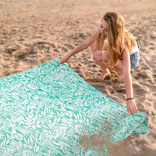 Beach Blanket, Waterproof Sandproof Beach Mat with 4 Stakes & 4 Pockets, 78''×86'' Large Compact Lightweight Sand Free Outdoor Essentials for Beach, Picnic, Travel, Camping - color: Larkspur Mint, size: 6.5x7.2 FT (1～4 person)