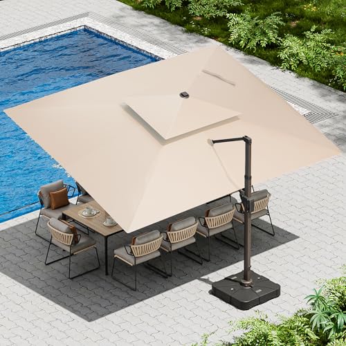 10 X 13 FT Cantilever Patio Umbrella with Led Lights and Base Included Outdoor Heavy Duty Double Top Rectangle Offset Umbrellas with 360-degree Rotation for Pool Deck Backyard, Beige - color: Beige, size: 10' X13'-Weighted Base Included
