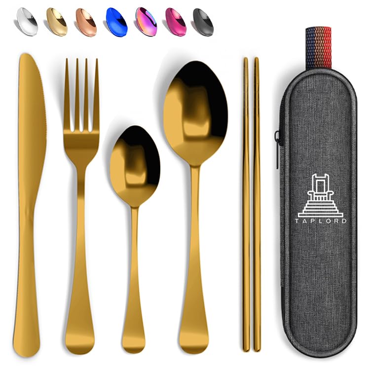 Taplord Portable Travel Silverware Set With Case, Includes 5 Pcs of Travel Utensils With Case, Stainless Steel Flatware Set For Camping, Easy to Travel, Lightweight (Gold) - color: Gold, size: 5 Pieces