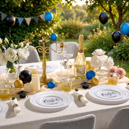 Goodluck 350 Piece Graduation Gold Plastic Dinnerware Set for 50 Guests, Congrats Grad Disposable Plates Include: 50 Dinner Plates, 50 Dessert Plates, 50 Cups, 50 Pre Rolled Napkins with Silverware - color: White, style: 350 Piece (50 guests)