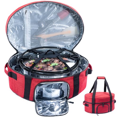 Insulated Slow Cooker Carrying Bag for 6-8 Quart CrockPot and Hamilton Beach Slow Cooker with See-thought Window, Portable Carrier Case with Adjustable Band and Accessory Pocket - color: Red