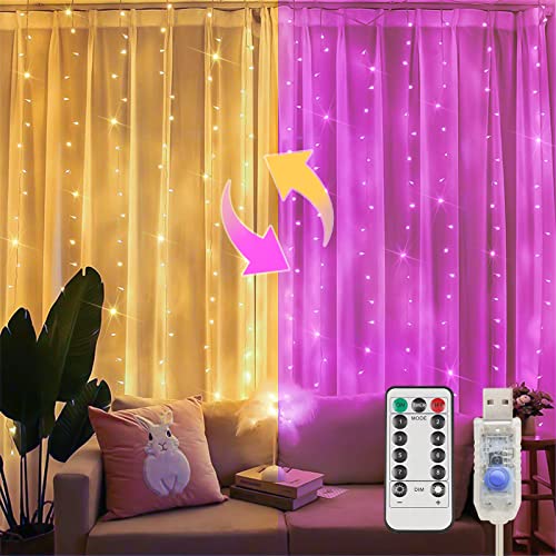 suddus Color Changing Curtain Lights, 200 Led 6.5ft x 6.5ft Hanging String Lights Outdoor, Fairy Curtain Lights for Bedroom, Window, Wall, Wedding, Party, Birthday Decor Warm White & Fuchsia - color: Warm White & Fuchsia, size: USB-200 LED