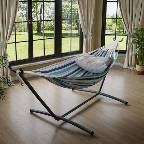Garvee Double Hammock with Foldable Steel Stand and Carry Bag – Indoor/Outdoor Standing Hammock, 450 LBS Capacity, for Garden, Camping, Beach (Ocean) - color: Ocean