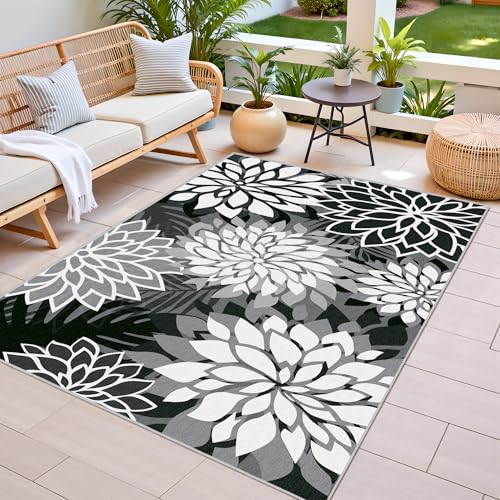 3x5 Washable Rug for Living Room Tropical Botanical Modern Floral Chenille Area Rugs Low Pile Non Slip Carpet for Patio, Bedroom, Laundry, Black - color: Black White, size: 3' x 5' (Rectangular)