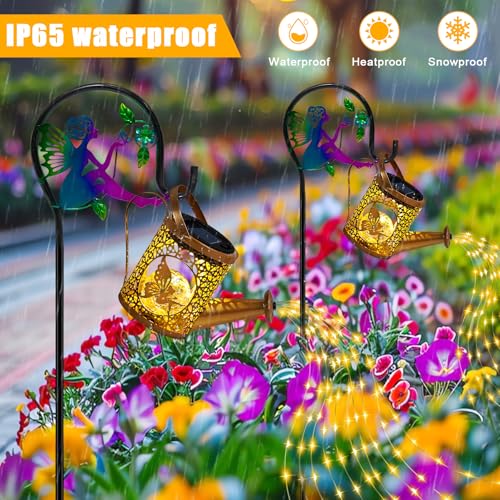 Solar Lights Garden Decorative, Solar Watering Can with Cascading Lights, Waterproof Metal Lantern with Fairy Shepherd Hook, Outdoor Decor for Yard, Patio, Gifts for Mother's Day, Women Mom - color: Fairy Set, size: 1 Pack
