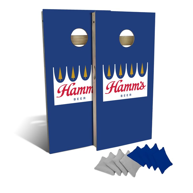 Slick Woody's Professional-Grade Cornhole Boards - 4'x2' Solid Wood Regulation Man Cave + Beer Branded Corn Hole Toss Game with 8 Resin Filled Bags - color: Hamm's Blue
