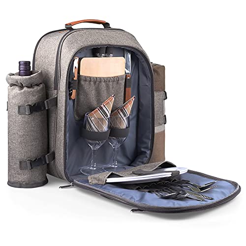 Sunflora Insulated Picnic Backpack for 2 Person Bag with Cooler Compartment, Blanket and Stainless Steel Cutlery Set for Couple, Lovers and Friends (Brush Beige) - color: Brush Beige, size: 2 person