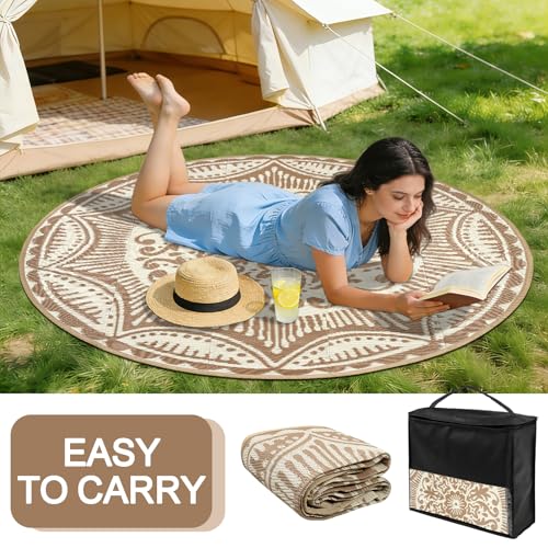 Capslpad 5x5 Floral Outdoor Rug for Patio Clearance Reversible Mat Round Portable Plastic Straw Carpet Waterproof Boho Indoor Outside Area Rugs for RV Camping Picnic Balcony Beach Deck, Light Beige - color: Light Beige, size: 5' (Round)