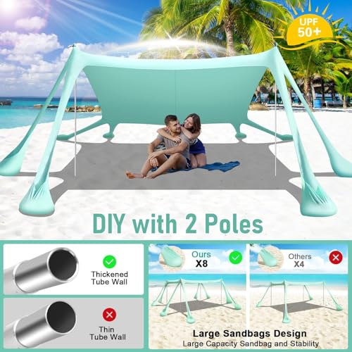 Beach Tent Sun Shelter Beach Canopy Tent Sun Shade Pop Up 10x10 UPF50+ with 8 Sandbags-2 Sand Shovel-Portable 4 Aluminum Poles-Ground Pegs-Easy Setup for Outdoor Family Camping Fishing Picnic - color: Turquoise