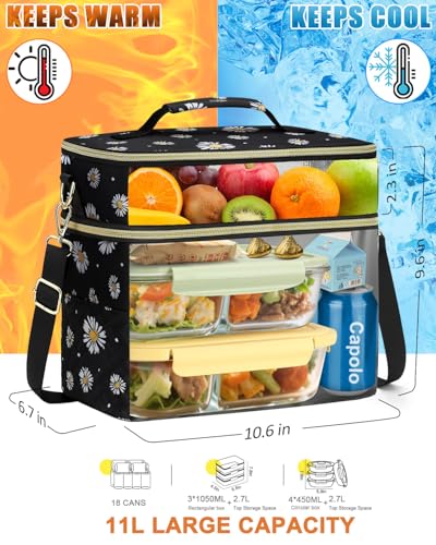 Capolo Lunch Box for Women Men Adults,Double Deck Insulated Lunch Bag Leakproof Lunch Cooler Box with Removable Strap Lunch Tote Bags Reusable Thermal Lunchbox for Work Picnic(Large,Black Flower) - color: Black Flower, size: Large