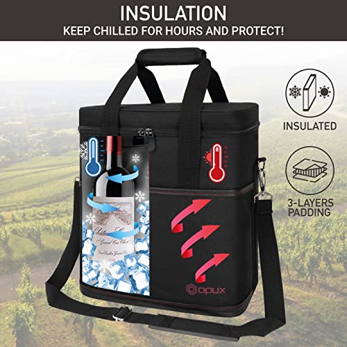 opux 6 Bottle Carrier Tote | Insulated Padded Wine Cooler Bag for Travel. Picnic, BYOB | Portable Leakproof Wine Tote Bag for Dinner, Party, Christmas, Wine Gift for Women, Men (Black) - color: Black, size: 6 Bottle