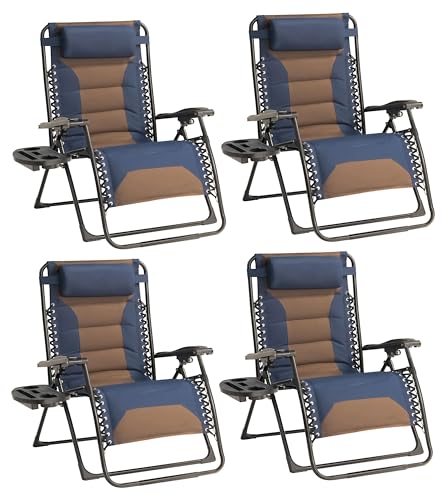Zero Gravity Chair Set of 4 Oversized Padded Recliner with Adjustable Headrest & Cup Holder - 600D Oxford Folding Lounge Chair for Outdoor Camping, Patio, Poolside (Brown & Blue) - color: Brown & Blue, size: 4 PCS