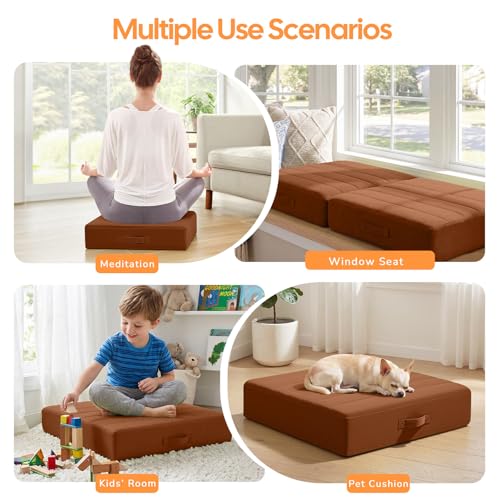 MeMoreCool Square Floor Pillow Seating for Adults Kids, Large Meditation Cushion Floor Pillow with Thick Foam & Soft Tufted Cover, Washable Big Pillow Seat Floor Cushion for Sitting Yoga 24" Coffee - color: Brown, size: 24 Inch