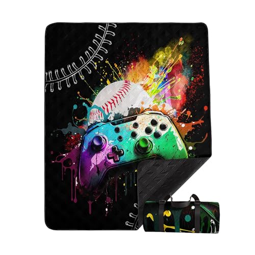 Outdoor Picnic Blanket,Portable Sandproof Waterproof Picnic Mat,Gamepad Baseball Printed Camping Beach Mat for Sand and Wet Grass Hiking (Gamepad Baseball L) - color: Gamepad Baseball, size: Extra Long - 78"x78"