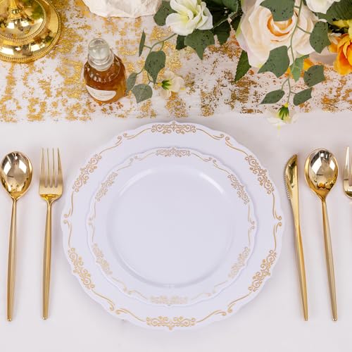 U-QE 100PCS Gold Plates Disposable - Heavy Duty White and Gold Plates Including 50PCS 10'' Dinner & 50PCS 7.5'' Dessert Plates Perfect for Upscale Party, Wedding - color: White Gold