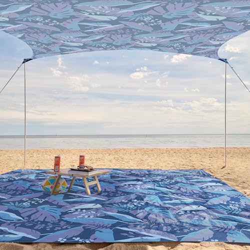 WEKAPO Beach Tent Sun Shelter - Easy Setup Beach Canopy with 4 Sturdy Poles, Large Sandbags and Shovel, 6'7'' Tall, Windproof Sun Shade for Backyard and Camping, UPF 50+ Protectio - color: Sapphire Twilight Leaf, size: 8x8 FT 4 Pole