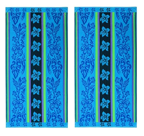 COTTON CRAFT Oversized Beach Towel - 2 Pack XL 39 x 68 inches Big & Huge Beach Blanket Towel - 100% Cotton Jacquard Velour - Super Soft Luxury - Pool Picnic Bath - Tropical Hibiscus Aqua Blue Purple - color: Hibiscus - Aqua Blue Purple, size: 2 Pack - 39x