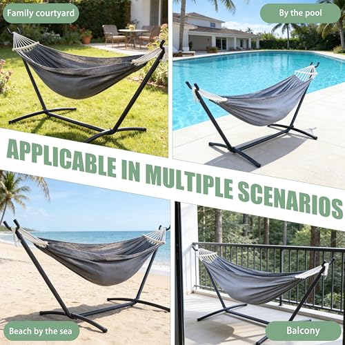 Free Standing Hammock with Stand, 550lbs Capacity - Anti-Flip Curved Spreader Bars - Premium Cotton Portable Hammock for Deck, Porch, Garden - Easy Assembly with Carrying Bag, Heather Gray - color: Heather Gray