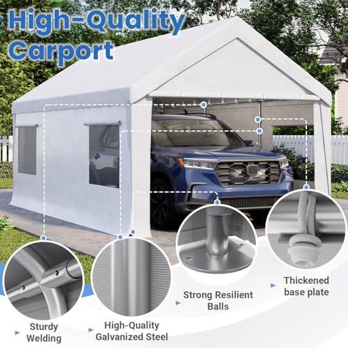 Bezseller 10x20 FT Heavy Duty Carport Canopy with Removable Sidewalls, Portable Garage Tent with Roll-Up Windows & Doors, Car Port with All-Season Tarp for Cars, Trucks, Boats, White - color: White, size: 10 X 20