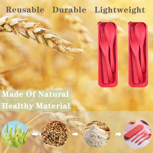 Reusable Travel Utensils Set with Case, 2 Sets Wheat Straw Portable Plastic Fork Spoons Knife Cutlery, Camping Eco-Friendly BPA Free Tableware for Kids Adults Work Picnic or Daily Use (Red) - color: 2 Red
