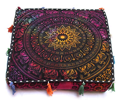 Large Hippie Mandala Round Floor Pillow Cover Ottoman Pouf Cover Daybed Cotton Cushion Cover with Heavy Duty Zipper Seating Ottoman Poufs Dog-Pets Bed (MUlti Elephant Flower, 18" Square) - color: Multi Elephant Flower, size: 18" x 18" (Pack of 1)