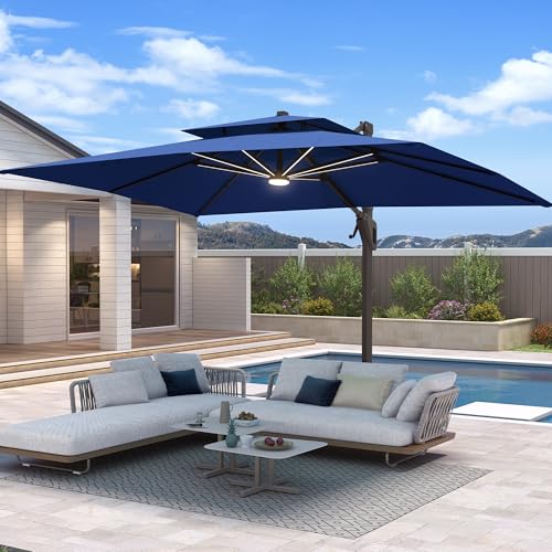 10 X 13 FT Cantilever Patio Umbrella with Base Included & Led Lights Outdoor Rectangle Offset Large Double Top Heavy Duty Umbrellas 360°Rotation for Pool Deck Backyard Garden, Navy - color: Navy, size: 10×13 FT with Base