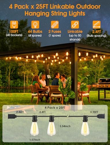 Larkvue 100FT(4x25FT) Outdoor String Lights, Patio Lights with 40+4 LED Dimmable Waterproof Linkable ST38 Edison Bulbs for Gazebo Camping Party, Black - color: Black, size: 100FT
