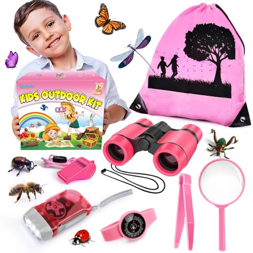 YOPINSAND Kids Explorer Kit & Bug Catcher Kit, Camping Gear for Kids, Outdoor Exploration Set with Backpack & Binoculars, Ideal Outdoor Adventure Toys for Boys Girls 3-12 - color: Pink