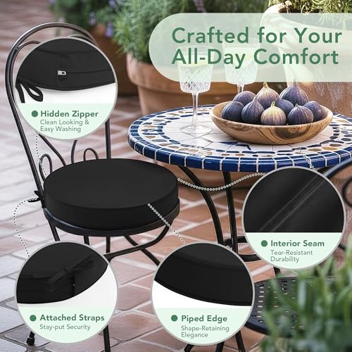 Summsun Outdoor Bistro Chair Cushions Set of 2, 15" D x 3" H Round Chair Cushions Waterproof and Fade Resistant Chair Cushion Pads with Non-Slip Ties and Removable Covers for Garden, Black - color: Black, size: 15x3 Inch (Round)-2p