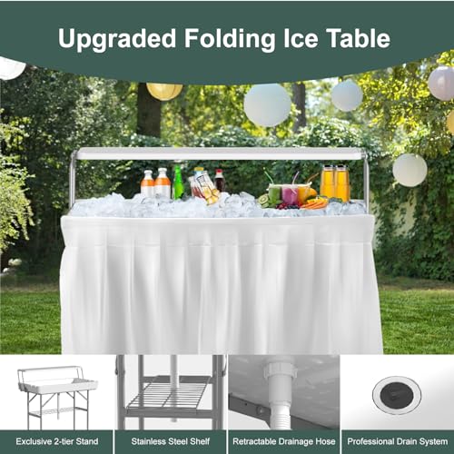 Ice Cooler Table with Drain, Two-Tier Plastic Folding Tables, with Removable Matching Skirt and Shelf, Indoor Outdoor Use for Party Camping Picnic Fishing Cleaning, 440 lbs Capacity - style: Fish cleaning ice table two tier