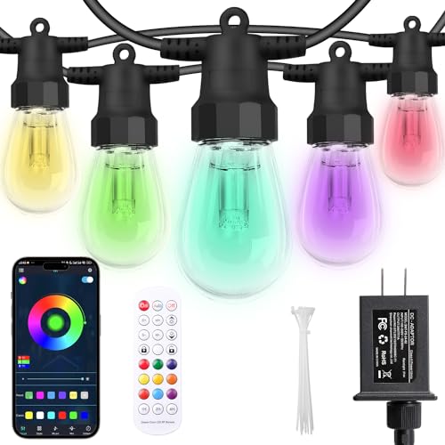 CAWWS Outdoor String Lights 100FT (2×50FT), Patio Lights with 40 Dimmable RGBW LED Bulbs, IP66 Waterproof & Shatterproof, APP & Remote Control, 24V Adapter, Color Changing Lights for Backyard Décor - size: 100ft