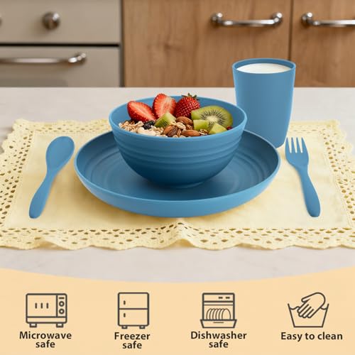 Wheat Straw Dinnerware Sets for 4, Reusable Plastic Dinner Plates, Unbreakable Kids Plates and Bowls Sets 20 PCS, Dishwasher & Microwave Safe Kitchen Camping Dorm Dish Sets- Blue - color: Blue, size: 20 PCS