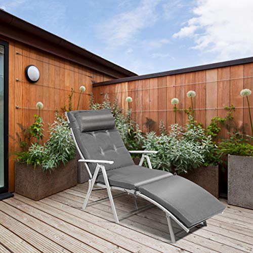 Tangkula Outdoor Folding Chaise Lounge Chair, Lightweight Recliner Chair w/ 7 Adjustable Backrest Positions, Patio Reclining Beach w/Removable Cushion & Pillow for Patio Poolside No Assembly Required - color: Grey