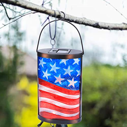 Hanging Solar Lantern Outdoor Decorative Waterproof LED Solar American Flag Lights Tabletop Lamp for Outdoor Patio Garden - style: American