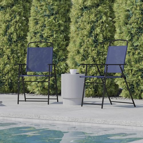 Flash Furniture Mystic Folding Patio Sling Chairs, Outdoor Textilene Lawn Chairs with Armrests, Set of 2, Navy - color: Navy