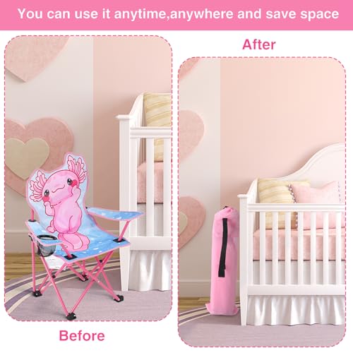 KABOER Kids Outdoor Folding Lawn and Camping Chair with Cup Holder and Carrying Bag, Children's Camping Chairs - color: Pink Axolotl