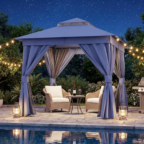 LAUSAINT HOME 8'x8' Outdoor Gazebo with 50FT String Lights, Metal Heavy Duty Patio Canopy Tent with Double Roofs, Mosquito Nettings and Privacy Screens for Backyard, Garden, Lawn, Navy Blue - color: Navy Blue, size: 8'x8' With String Lights