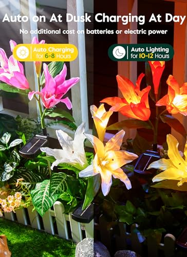 Brightown Solar Lights Outdoor, 4 Pack Solar Garden Lights with Larger & More Realistic Lily Flowers, Waterproof Outdoor Solar Lights for Yard Patio Lawn Pot Decoration - color: Lily