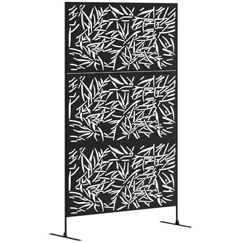 Outsunny Metal Outdoor Privacy Screen, 78" H x 48" W Decorative Privacy Fence Screen, Freestanding Outdoor Divider with Stand, Climbing Plant Trellis for Garden Walkway, Balcony, Patio, Bamboo Black - color: Black/Bamboo