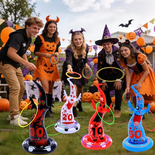 10PCS Halloween Games Inflatable Witch Hat Ring Toss Game, Halloween Games Party Favors with 6 Rings and Pump Decorations Gifts