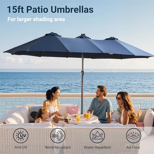 HOOOWOOO Outdoor Patio Umbrella With Solar Light,15 Ft Large Beach Umbrella,UV Protection Picnic Market Parasol Sunshade W Base Crank Handle For Backyard Deck Pool Shade - color: Blue