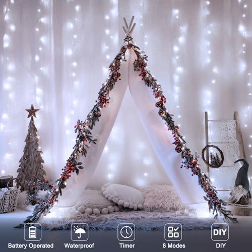 echosari Curtain Lights Battery Operated, 9.8Ft x 9.8ft 300 LED Curtain String Light with Remote Timer 8 Modes Hanging Lights for Wedding Party Home Garden Wall Decor (Cool White) - color: Cool White, size: 9.8Ft x 9.8Ft