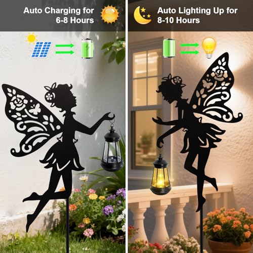 2 Pack Solar Fairy Garden Statues Outdoor Decor, Mother's Day Gift Ideas for Gardening Mom Grandma Birthday, Metal Fairy Figurine Light Stake Housewarming Ornament for Patio Lawn Yard Pathway - color: Fairy-Warm White-2 Pack
