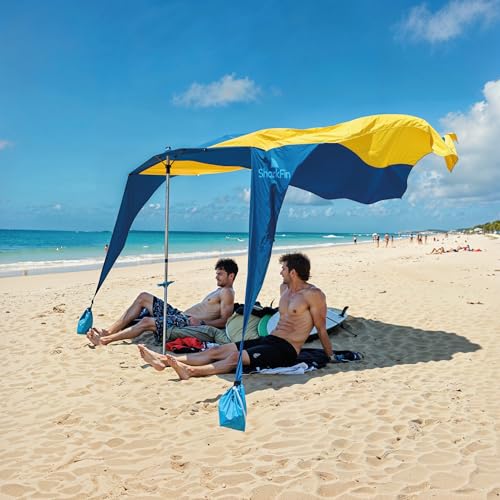 Shark FIN Shade Beach Tent Wind Sun Canopy Portable Easy Set Up UPF 50+ No Assembly Required 3-30 MPH - 1 to 8 People - Tie Downs Included - 2 Sizes Large 9' X 10' & Giant 13.5' X 10' PATENTS Pending - color: Large Blue and Yellow