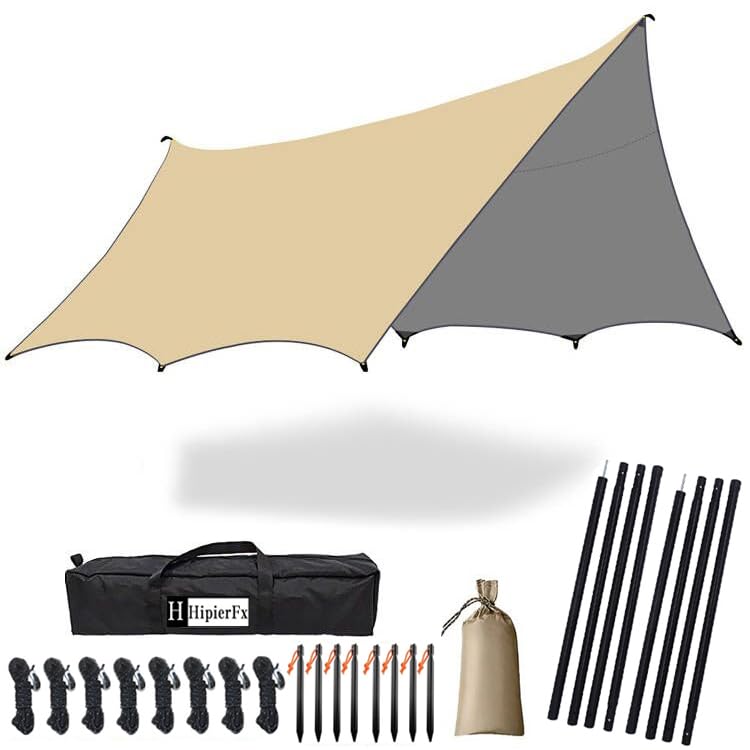 16x16 ft Large Camping Tarp Waterproof Hammock Rain Fly Camping Awning Khaki (Including Poles) - color: Khaki (Including Poles)