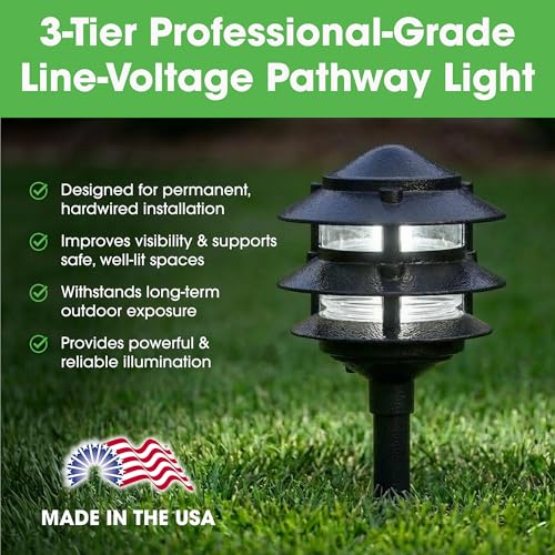 Greenfield Weatherproof Line-Voltage (120V) 3-Tier LED Outdoor Pathway Light – Permanent Outside Light for Walkway, Driveway & Landscaping – Professional Grade & Made in USA – Black - color: Black