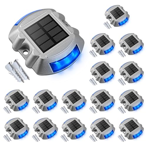 VOLISUN Solar Deck/Dock Lights, 16-Pack Led IP68 Waterproof Outdoor Warning Step Lights for Driveway Sidewalk Garden Pathway Yard (Blue, Auto On/Off - color: Blue, size: 16 Pack