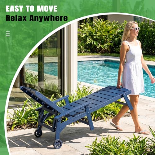 Outdoor Lounge Chair Set of 4 with 5-Position Adjustable, Outside Lounge Chair with Cup Holder, Wheels for Easy Mobility, HDPE Tanning Chair for Poolside, Patio, Blue - color: Blue, size: 4pc
