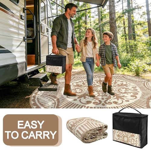 Capslpad 8x8 Floral Outdoor Rug for Patio Clearance Reversible Mat Round Portable Plastic Straw Carpet Waterproof Boho Indoor Outside Area Rugs for RV Camping Picnic Balcony Beach Deck, Light Beige - color: Light Beige, size: 8' (Round)