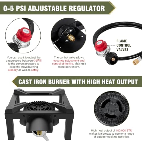 BESTFIRE Propane Burner, 100,000 BTUs High Pressure Single Propane Stove - Heat Shield and Guard, 4.1ft Adjustable Hose with Regulator, Gas Stove for Outdoor Cooking, Turkey Fry, Seafood Boil - color: 10'' single burner